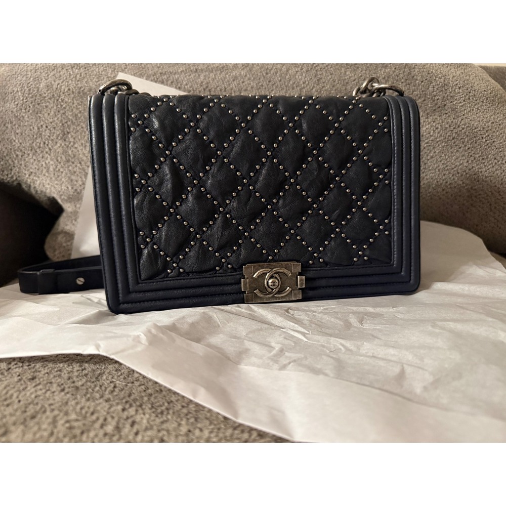 Chanel Studded Boy Flap Bag New Medium Dark Navy Aged Ruthenium Hardware COA